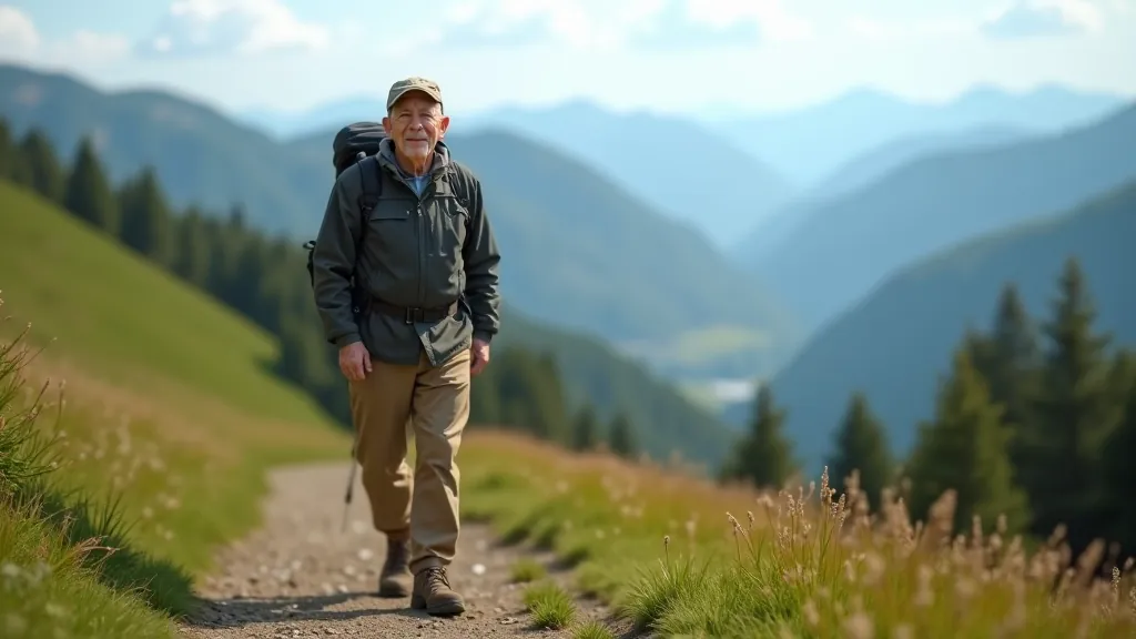 Senior v kvalitním outdoorovém vybavení stojí na horské cestě, správný postoj, horské prostředí, zdravý výraz