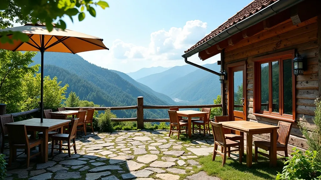 Horská chata nebo restaurace v Krkonoších s terasou, stolem a židlemi, hory v pozadí, denní světlo